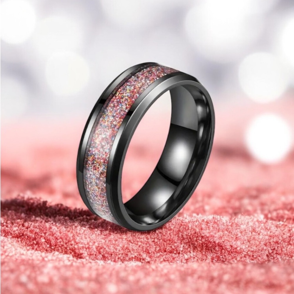 Tungsten Carbide Beveled Edge Galaxy Glitter Inlay Ring Size 12